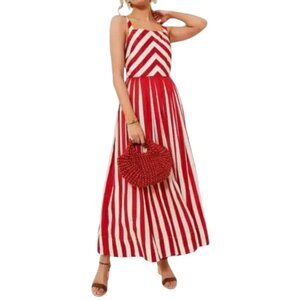 Tuckernuck Laina Red Rouge Striped Pleated Maxi Dress